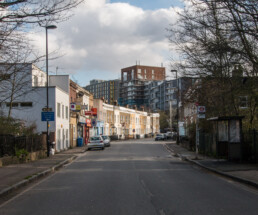 A view of a street in Lewisham with new housing developments